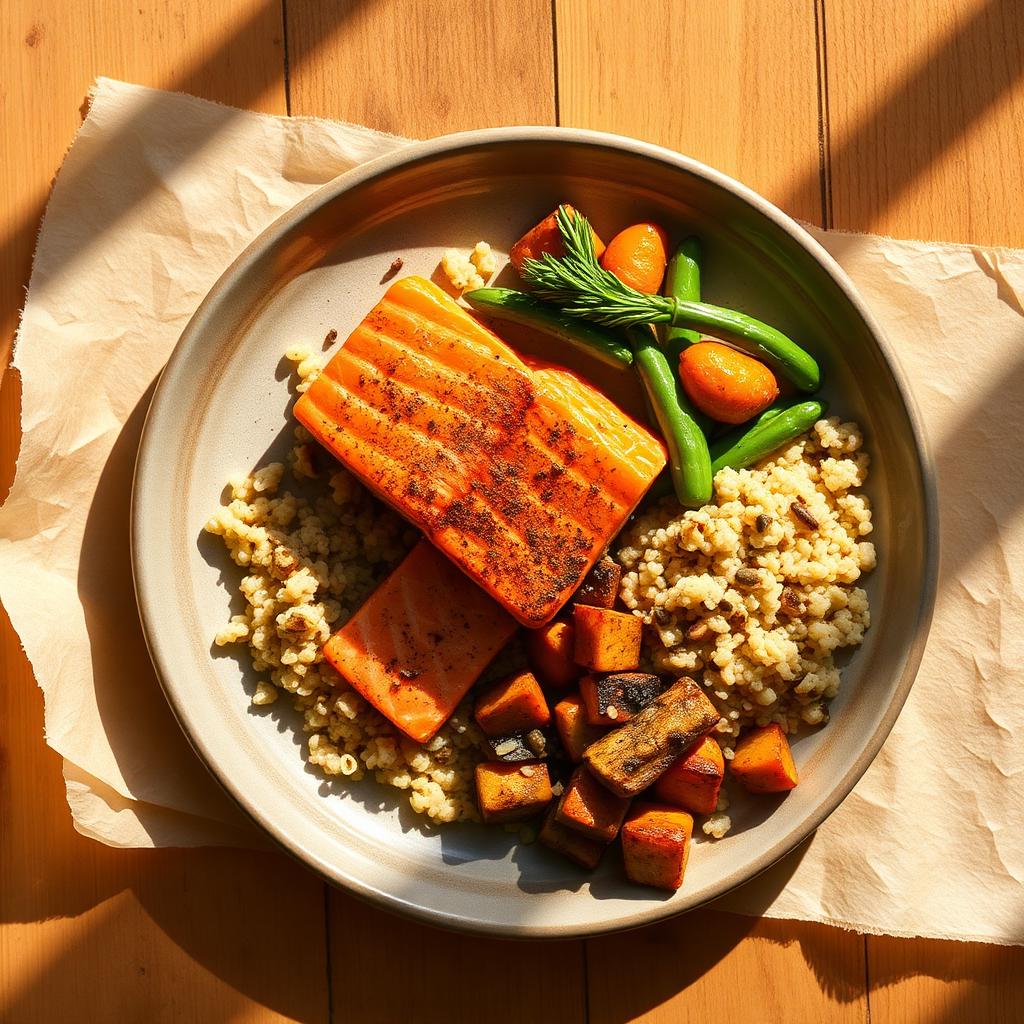 A balanced plate showing protein, vegetables and healthy fats