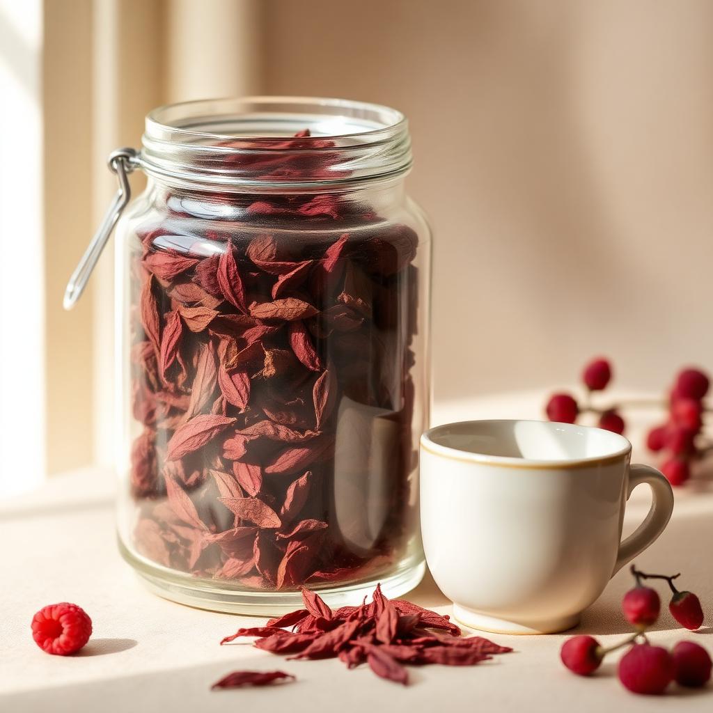 Dried raspberry leaves and a ceramic cup of herbal tea on linen