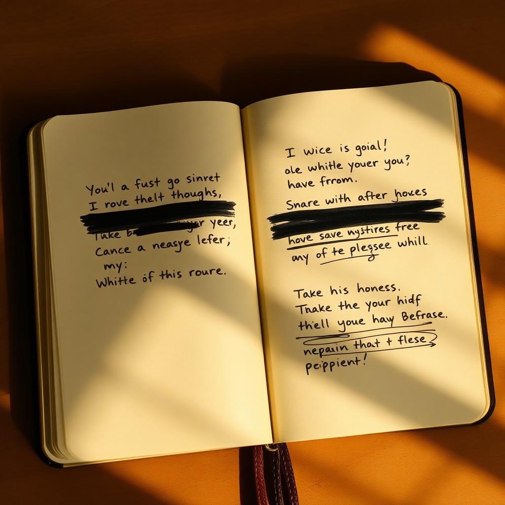 A journal page with crossed-out negative words and kind reframes