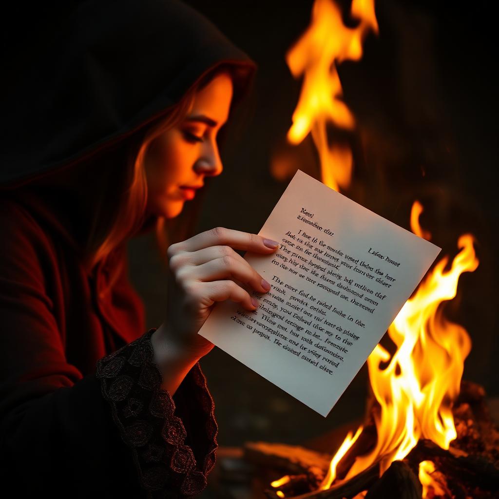 Hands releasing a letter into a fire in a safe bowl