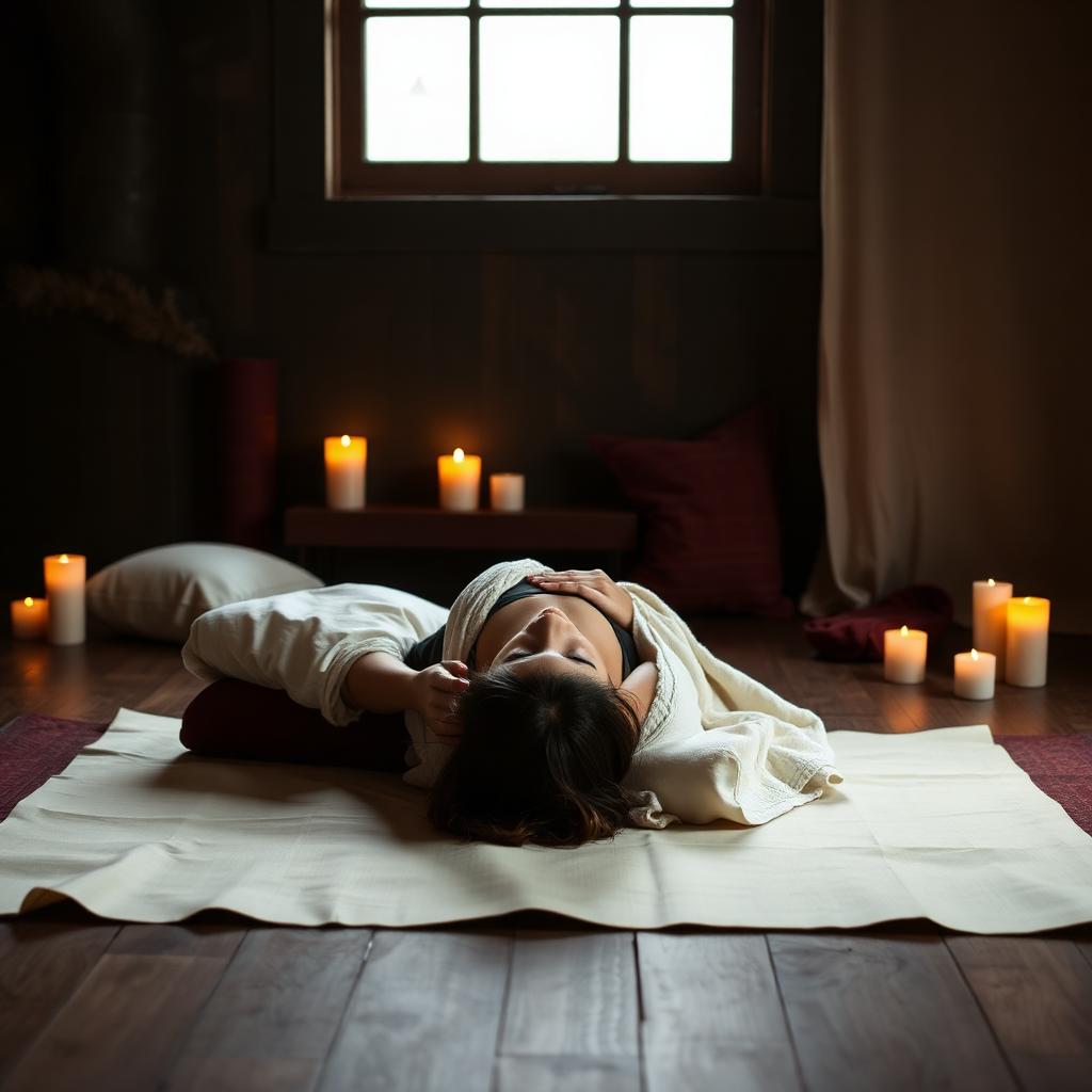 Restorative yoga pose with bolsters and blankets