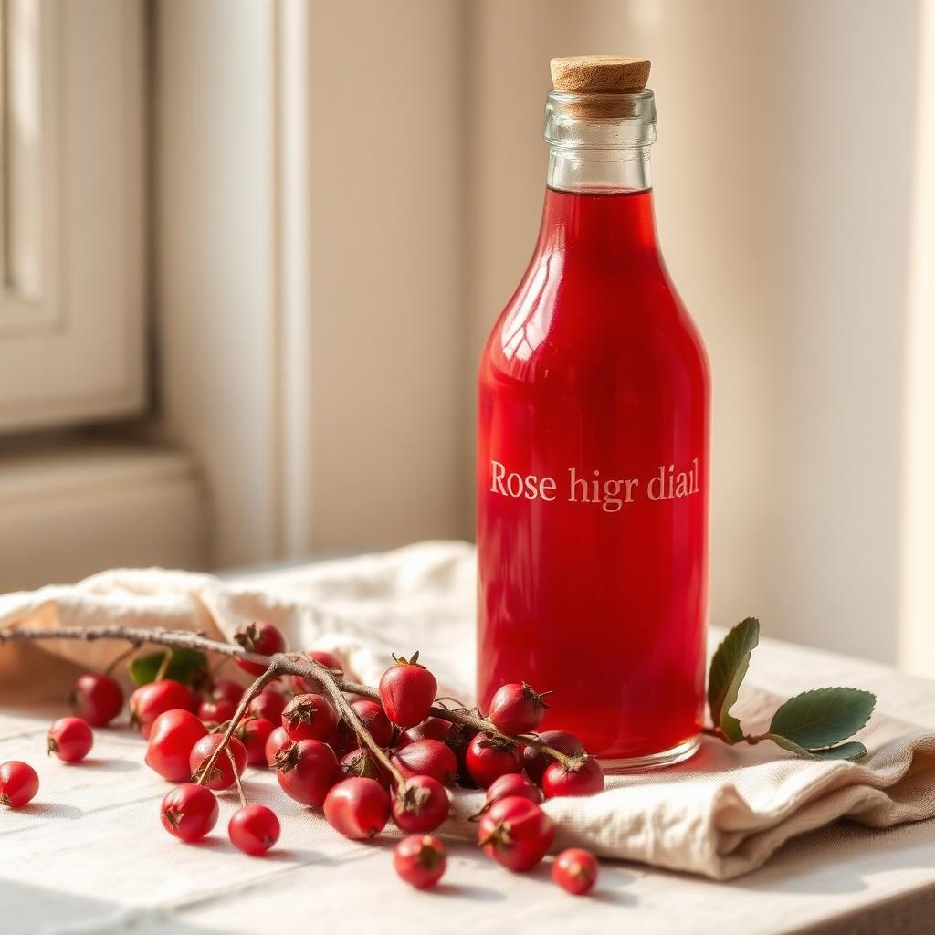 Rose hips and a glass bottle of ruby cordial on a wooden table