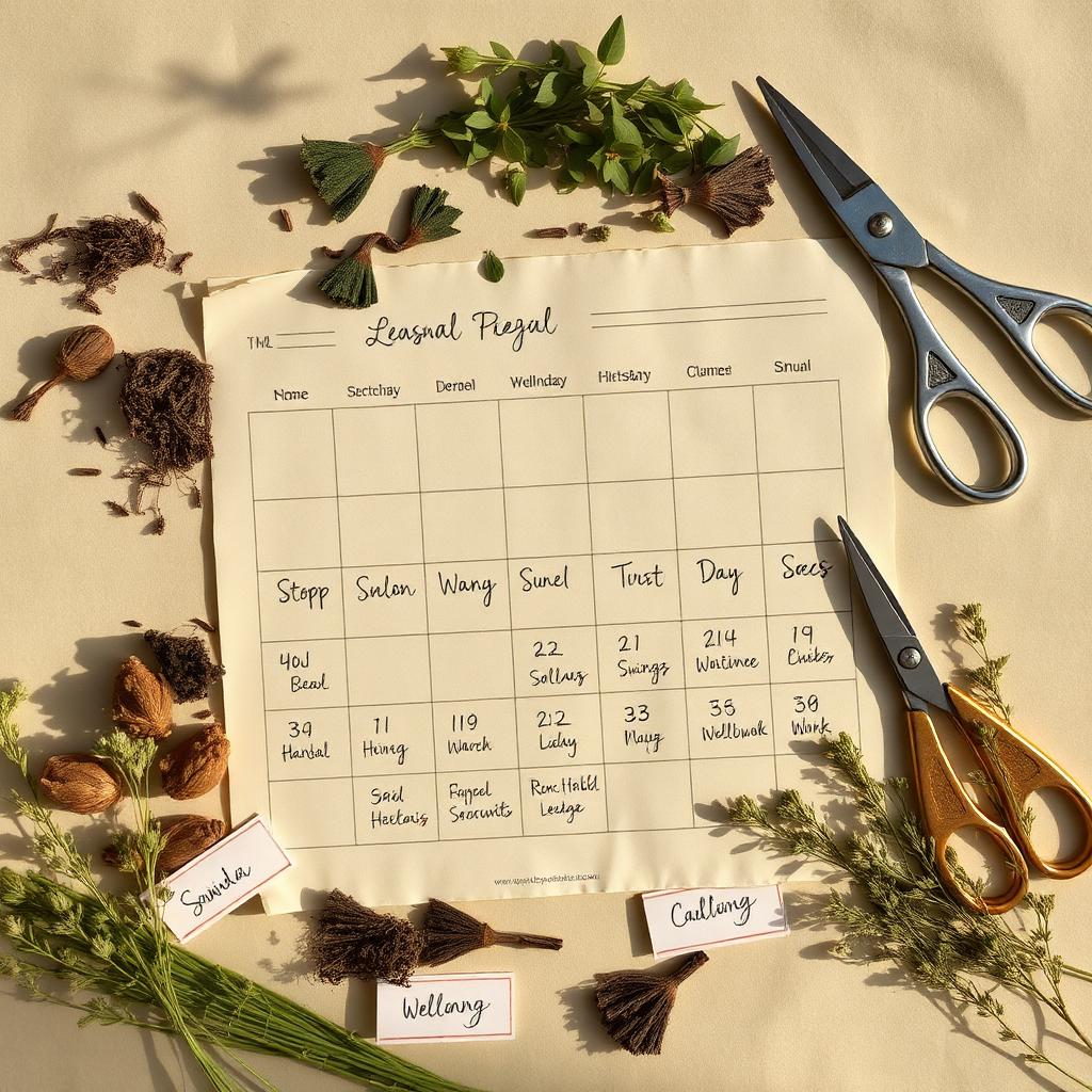 Hand-drawn seasonal calendar with pressed herbs and botanical notes