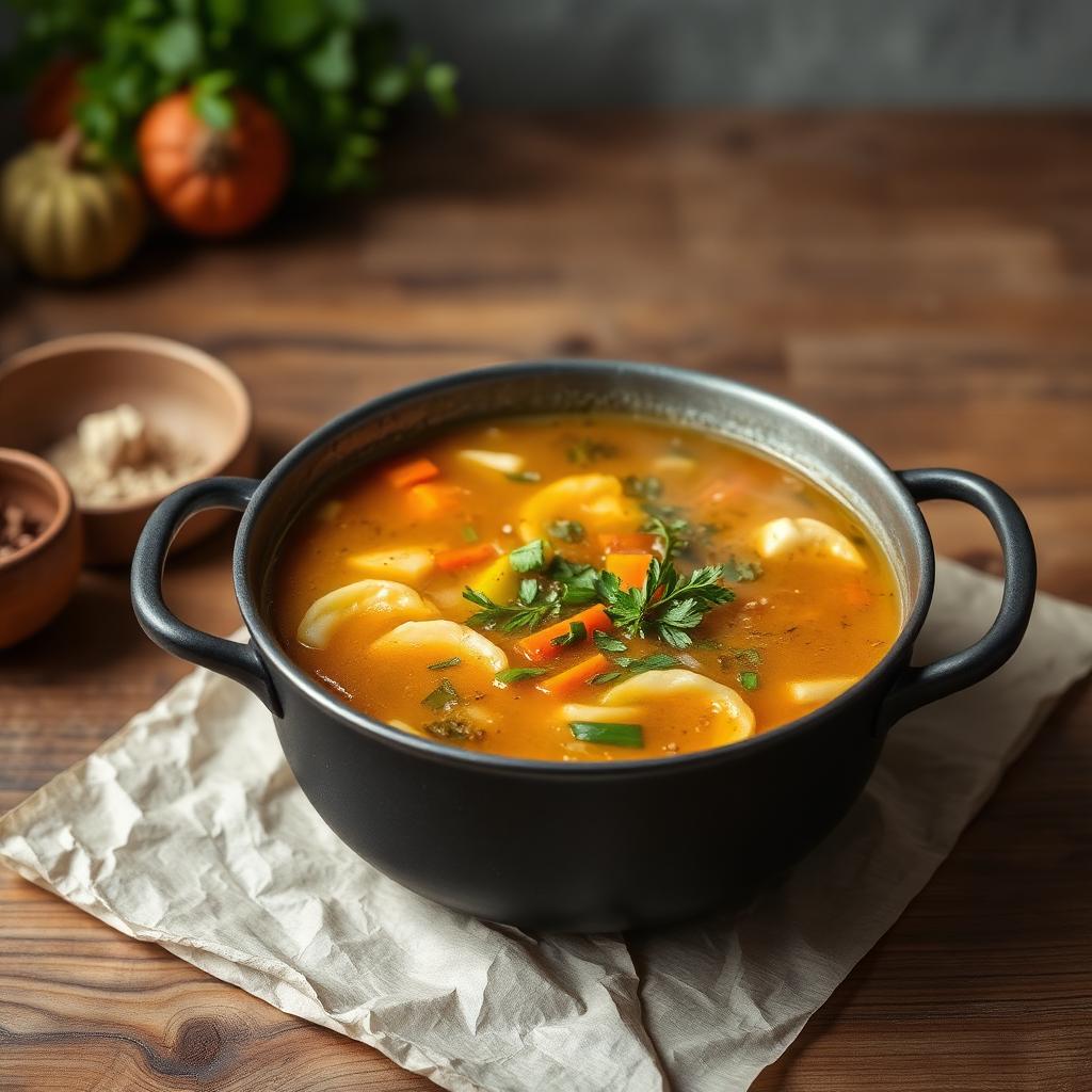 A large pot of vegetable broth with herbs simmering