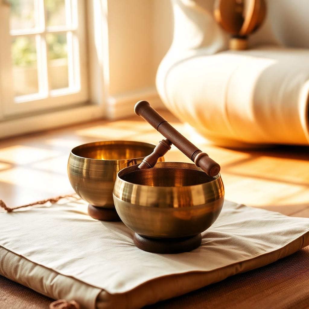 Tibetan singing bowls and a felt mallet on a cushion