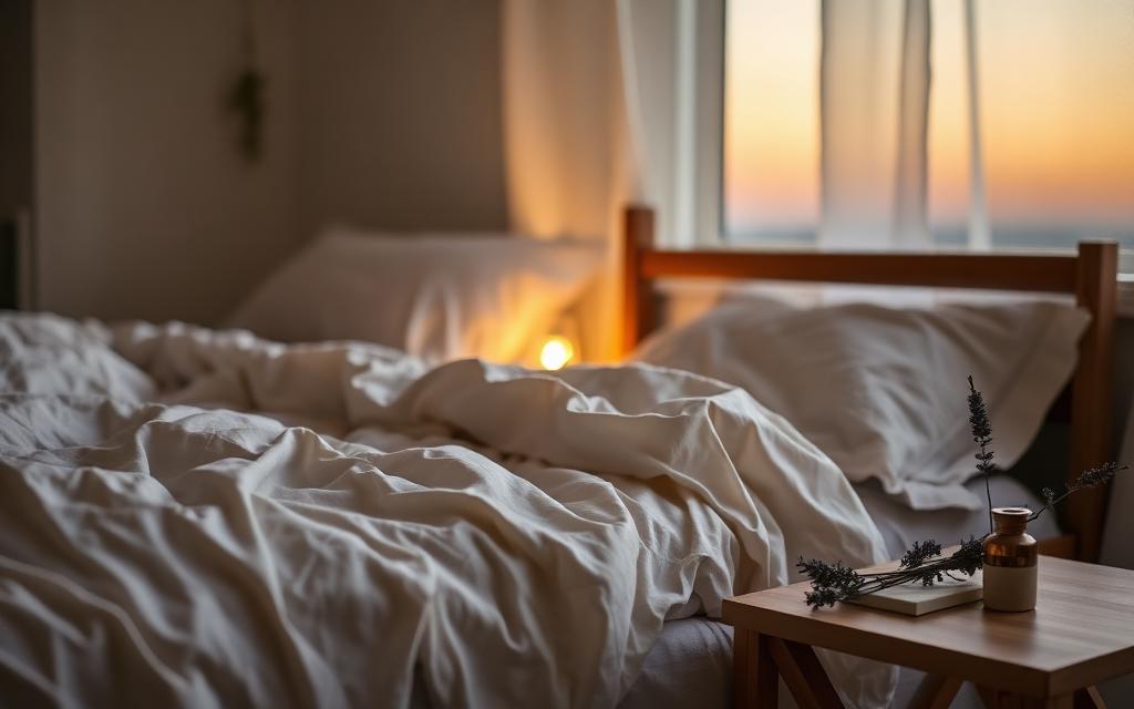 A calm bedroom at dusk with linen bedding, a small warm lamp and lavender