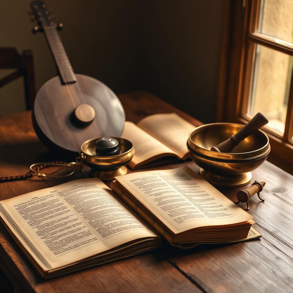 Historical diagrams of sound healing and antique instruments