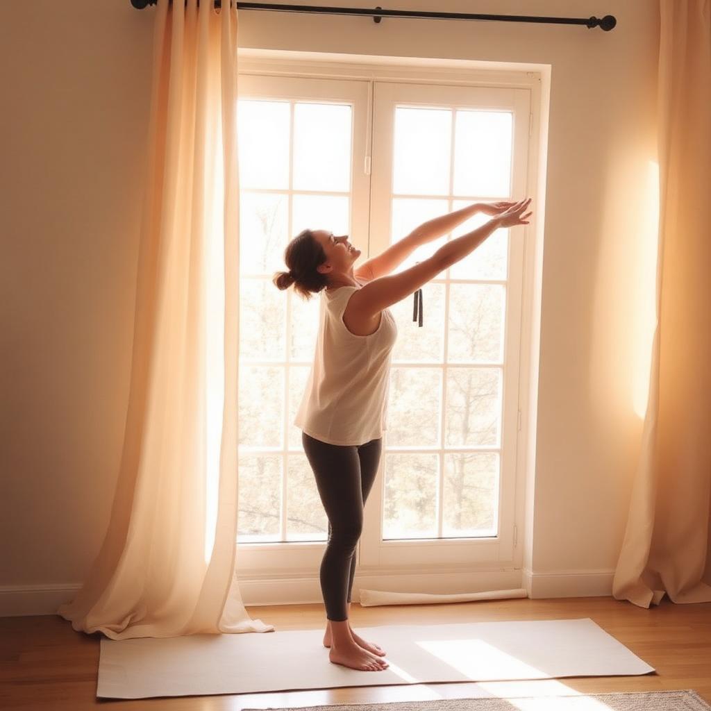 Woman stretching gently in a sunlit bedroom