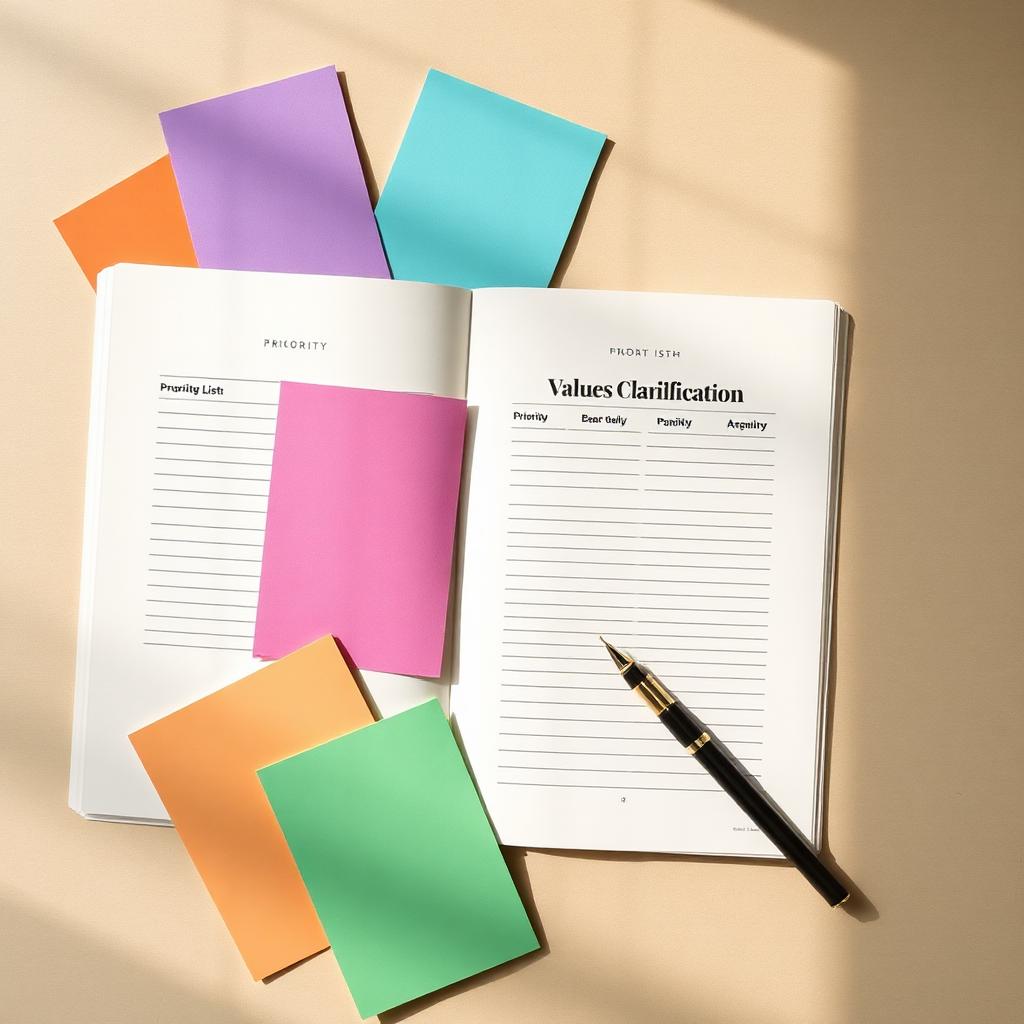 A values worksheet with priority cards and quiet workspace