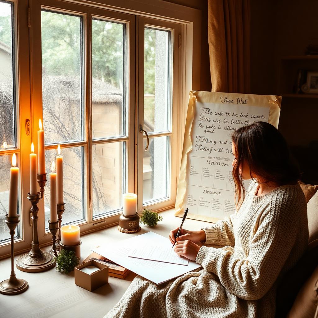A vision board retreat scene with candles and journals