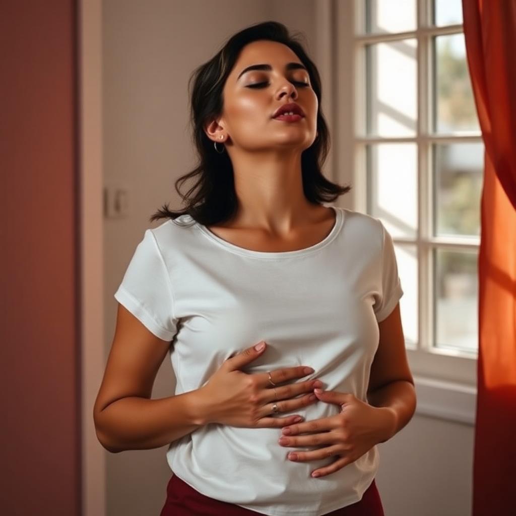 Woman breathing deeply with one hand on chest in a studio