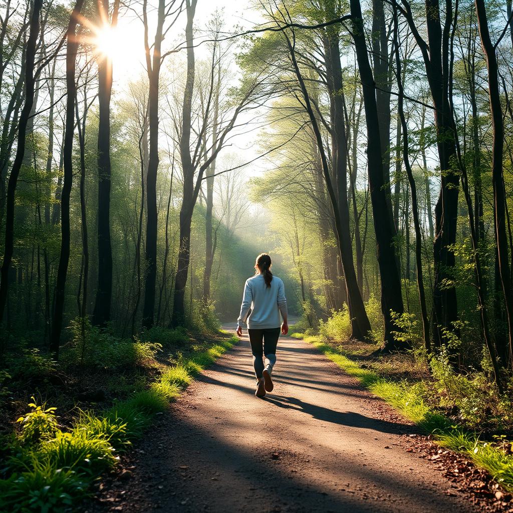 Woman walking slowly on a tree-lined path in morning light