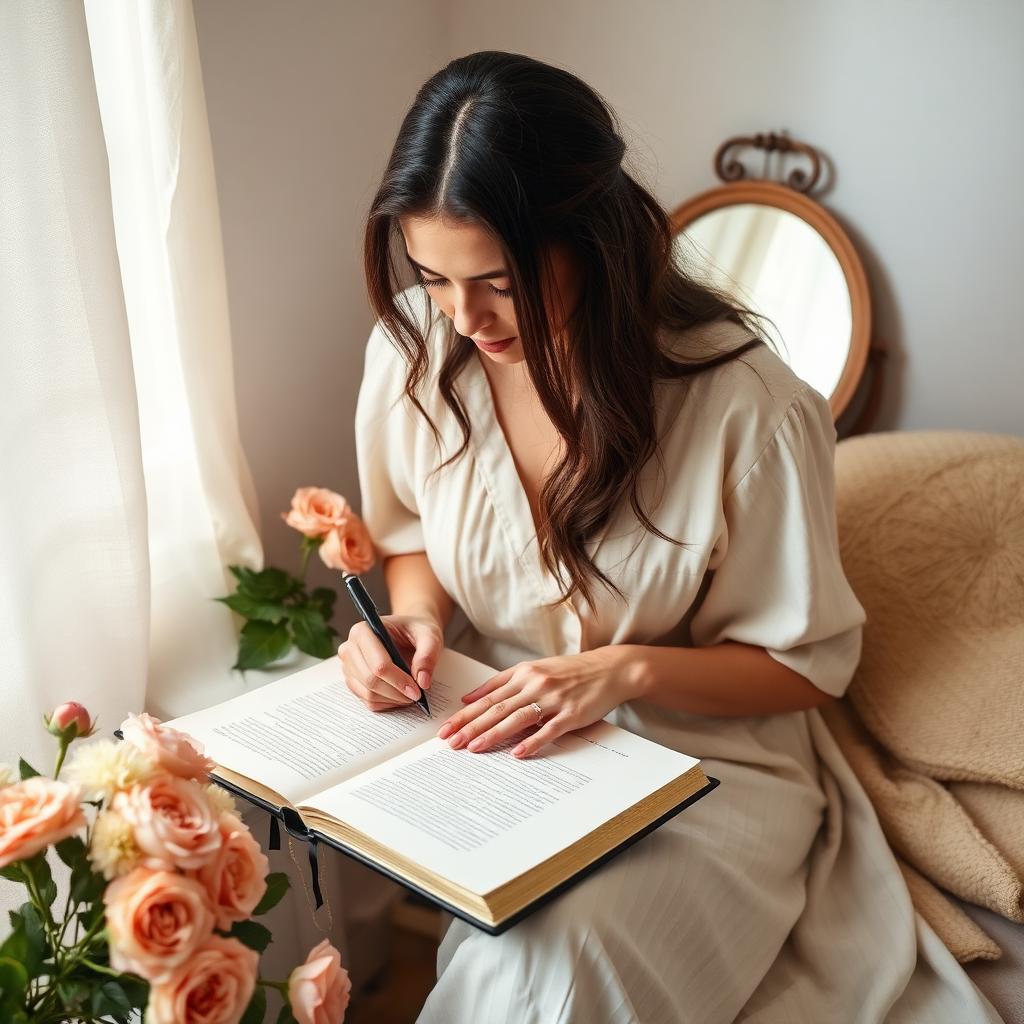 A woman writing a letter with one hand on her heart